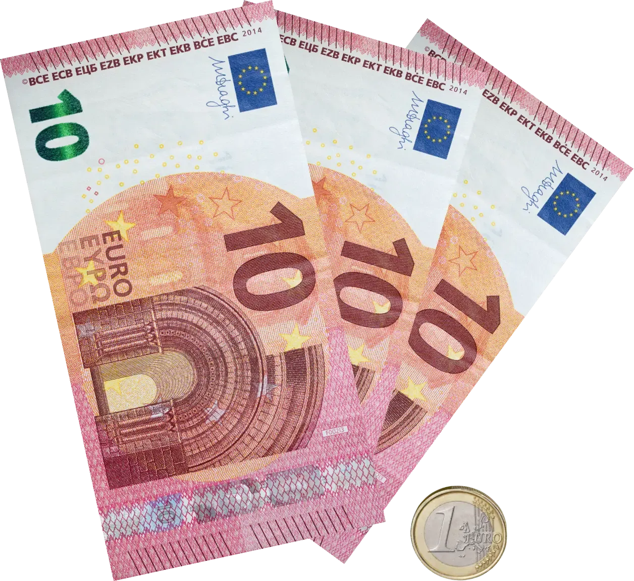 Drei 10-Euro-Geldscheine mit einer 1-Euro Münze