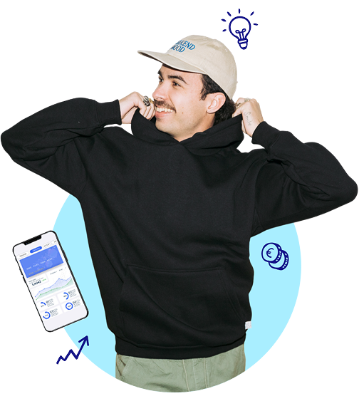 Studentin schaut zufrieden in ihre Bachelorarbeit. Hintergrund liniertes Papier mit kleinen Zeichnungen.