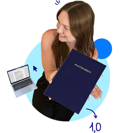 Studentin schaut zufrieden in ihre Bachelorarbeit. Hintergrund liniertes Papier mit kleinen Zeichnungen.