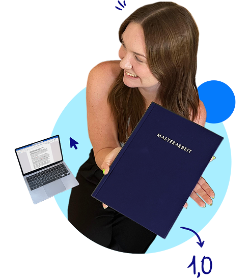 Studentin schaut zufrieden in ihre Bachelorarbeit. Hintergrund liniertes Papier mit kleinen Zeichnungen.